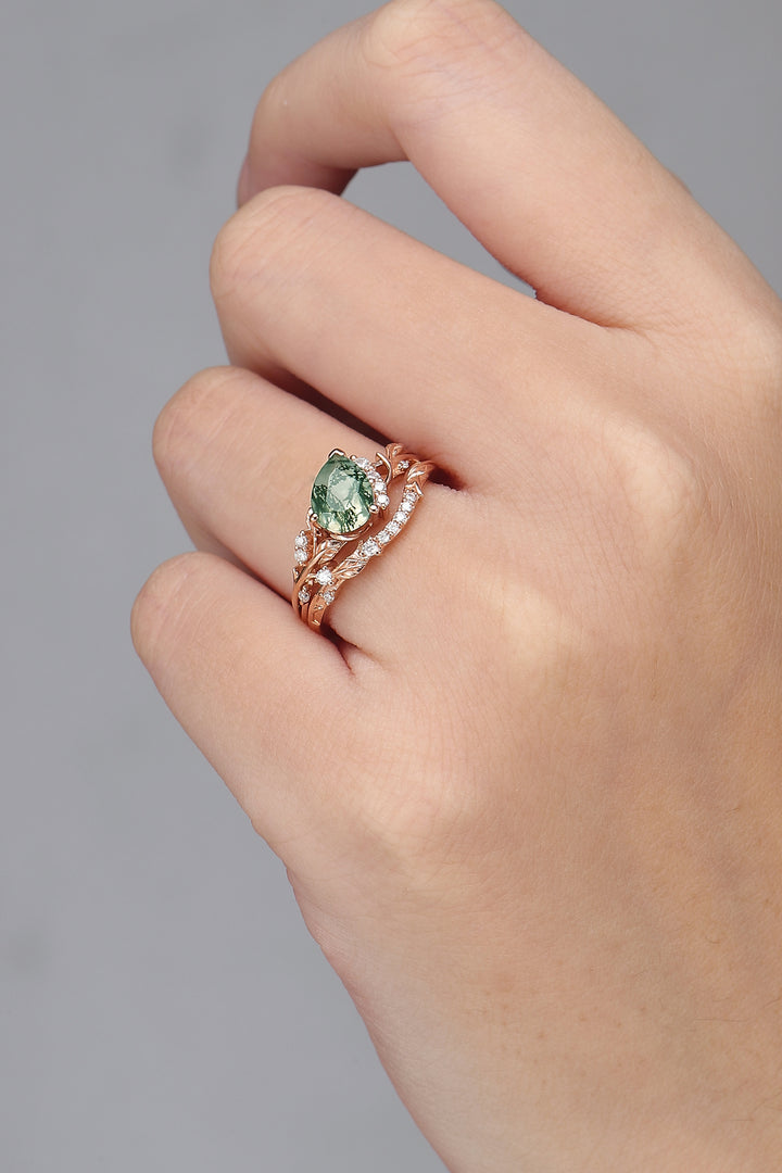 Nature Inspired Pear Cut Moss Agate and Moissanite Engagement Ring Set 2pcs