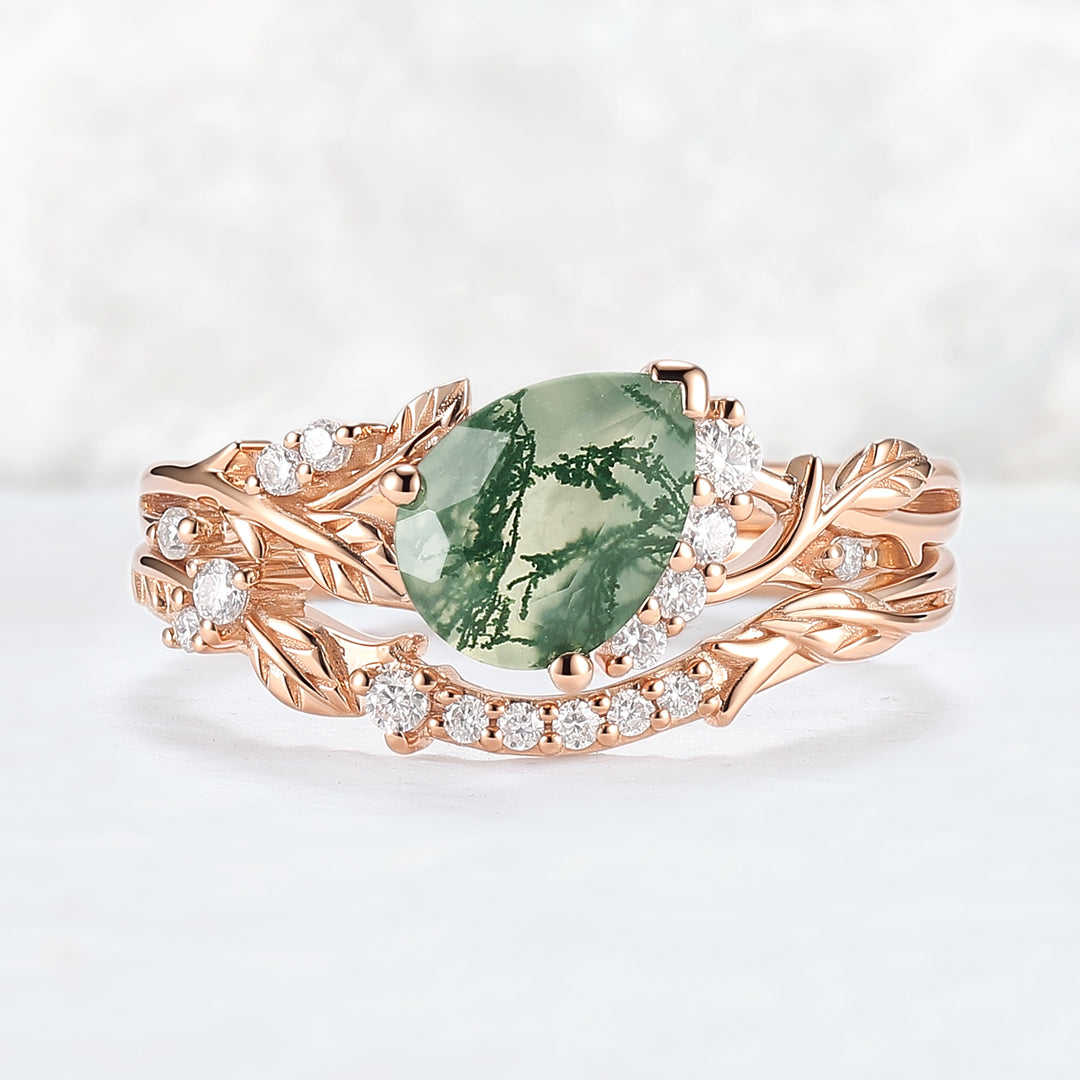 Nature Inspired Pear Cut Moss Agate and Moissanite Engagement Ring Set 2pcs