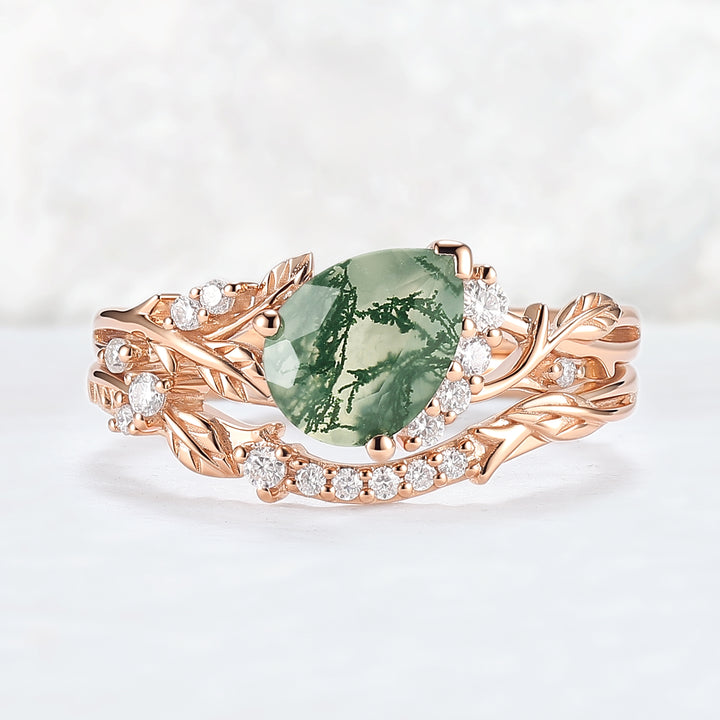 Nature Inspired Pear Cut Moss Agate and Moissanite Engagement Ring Set 2pcs