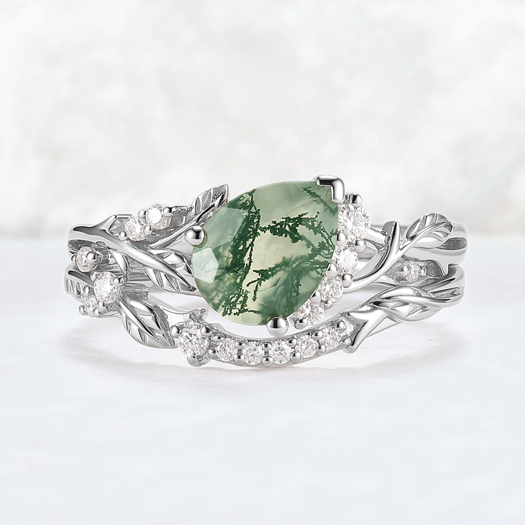 Nature Inspired Pear Cut Moss Agate and Moissanite Engagement Ring Set 2pcs