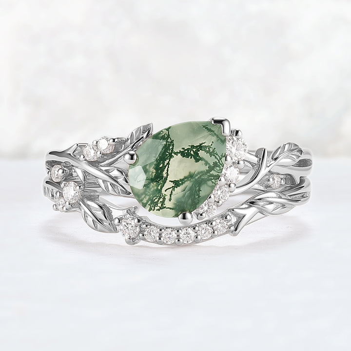 Nature Inspired Pear Cut Moss Agate and Moissanite Engagement Ring Set 2pcs