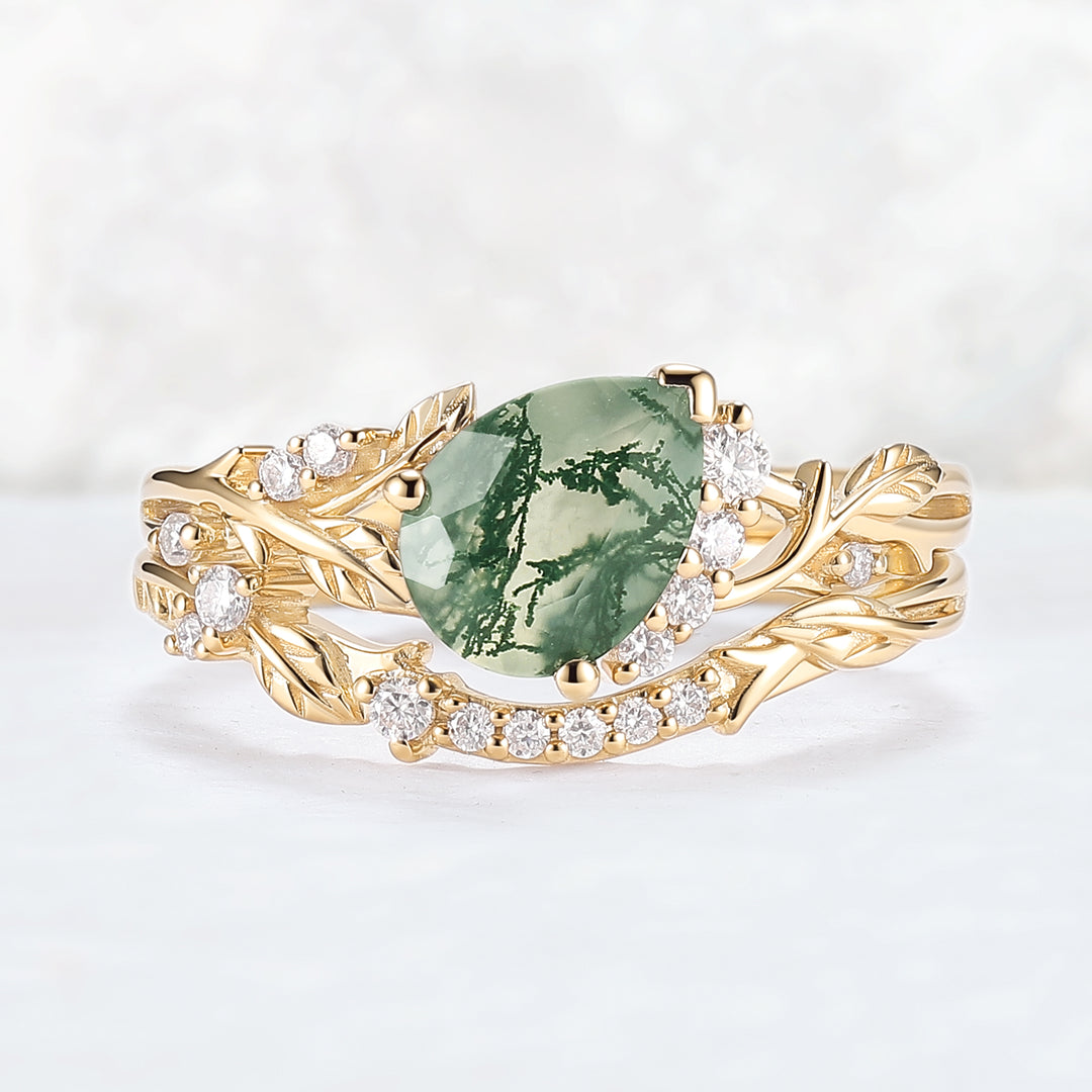 Nature Inspired Pear Cut Moss Agate and Moissanite Engagement Ring Set 2pcs