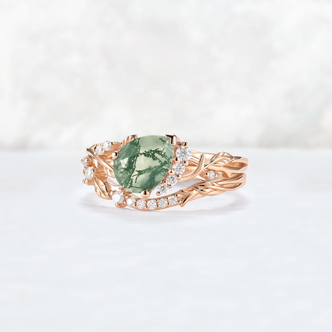 Nature Inspired Pear Cut Moss Agate and Moissanite Engagement Ring Set 2pcs