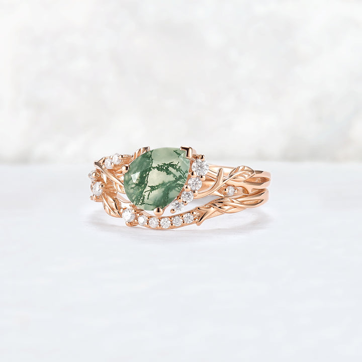 Nature Inspired Pear Cut Moss Agate and Moissanite Engagement Ring Set 2pcs