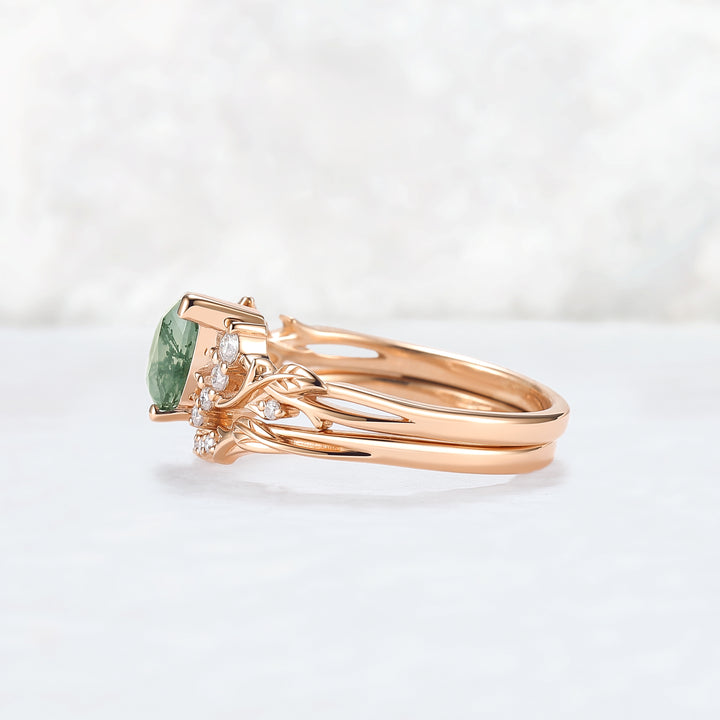 Nature Inspired Pear Cut Moss Agate and Moissanite Engagement Ring Set 2pcs