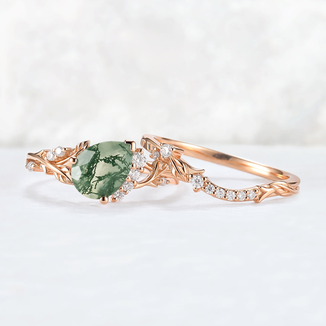 Nature Inspired Pear Cut Moss Agate and Moissanite Engagement Ring Set 2pcs
