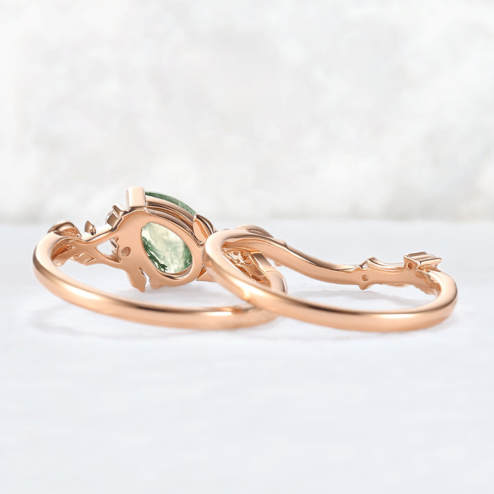 Nature Inspired Pear Cut Moss Agate and Moissanite Engagement Ring Set 2pcs