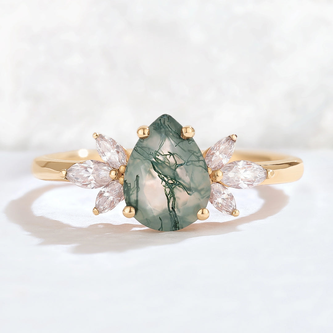 Nature Inspired Pear Cut Moss Agate with Petal Side Gemstone Ring