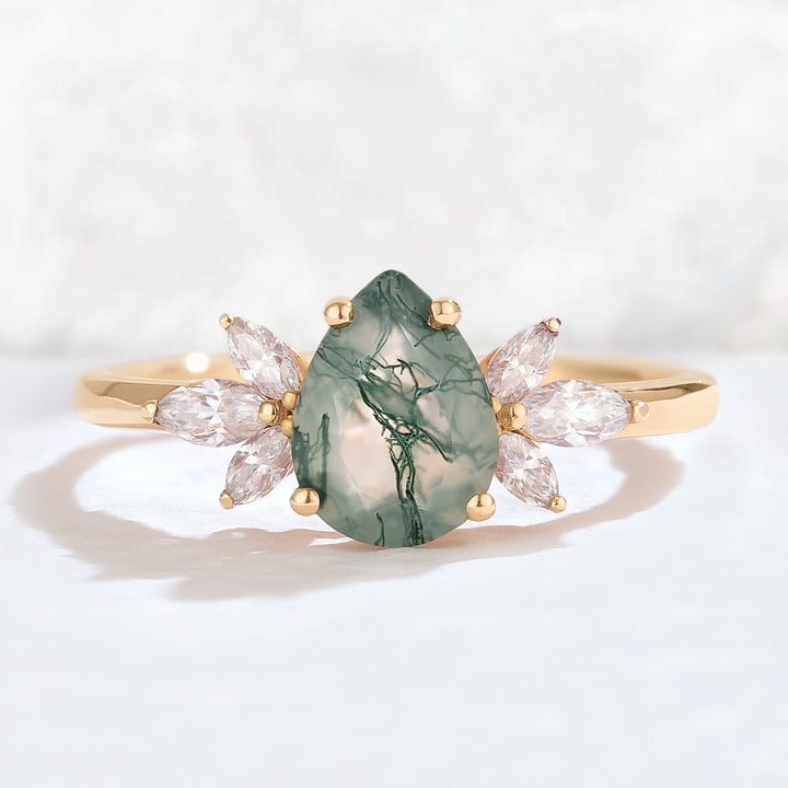 Nature Inspired Pear Cut Moss Agate with Petal Side Gemstone Ring