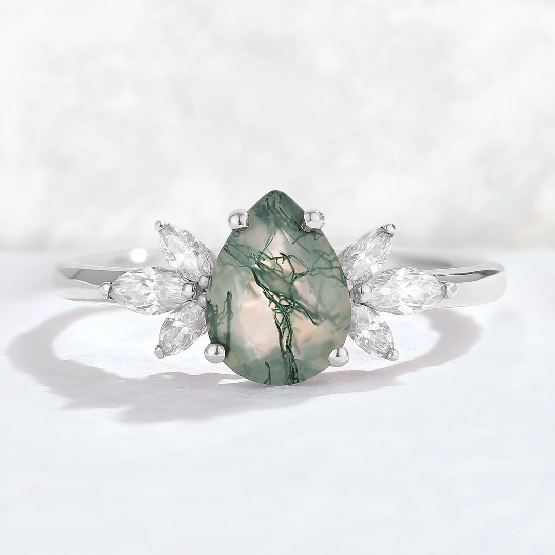 Nature Inspired Pear Cut Moss Agate with Petal Side Gemstone Ring