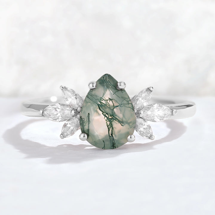 Nature Inspired Pear Cut Moss Agate with Petal Side Gemstone Ring
