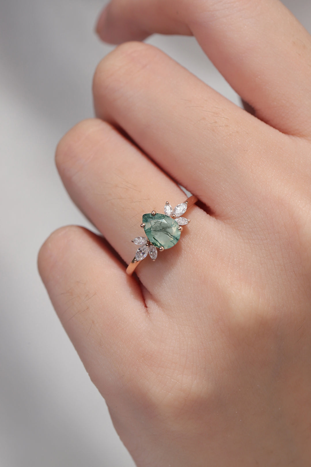 Nature Inspired Pear Cut Moss Agate with Petal Side Gemstone Ring