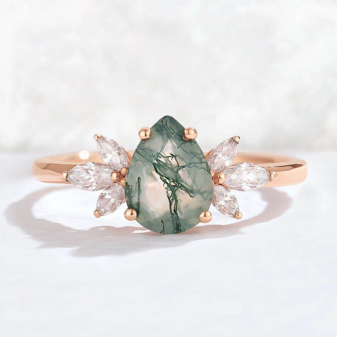 Nature Inspired Pear Cut Moss Agate with Petal Side Gemstone Ring