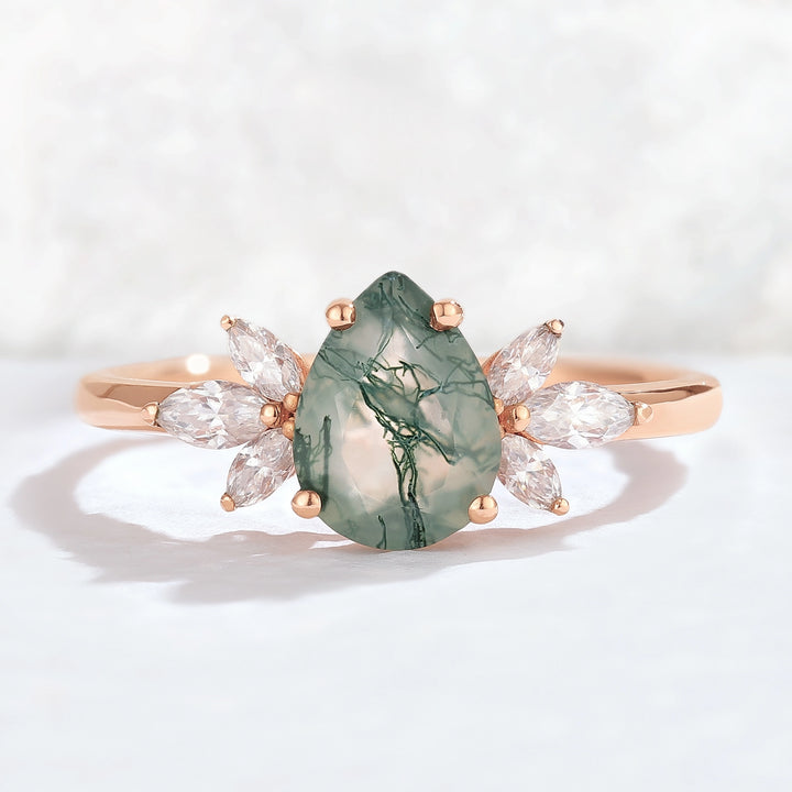 Nature Inspired Pear Cut Moss Agate with Petal Side Gemstone Ring