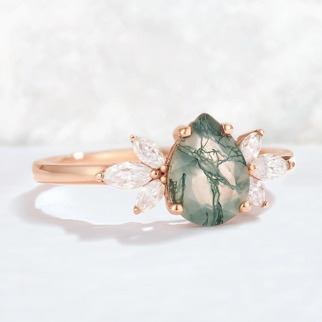 Nature Inspired Pear Cut Moss Agate with Petal Side Gemstone Ring