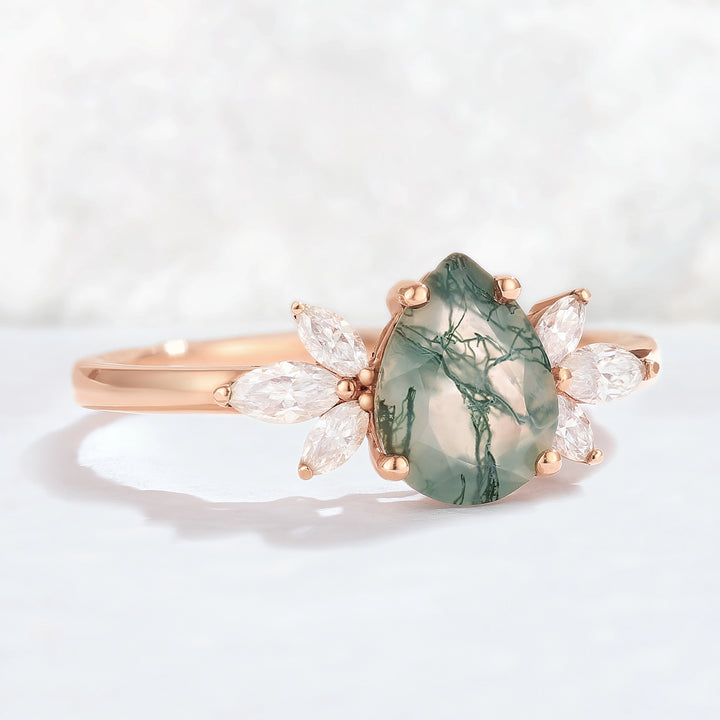Nature Inspired Pear Cut Moss Agate with Petal Side Gemstone Ring