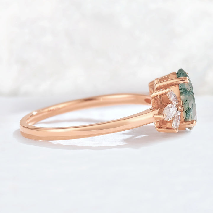 Nature Inspired Pear Cut Moss Agate with Petal Side Gemstone Ring