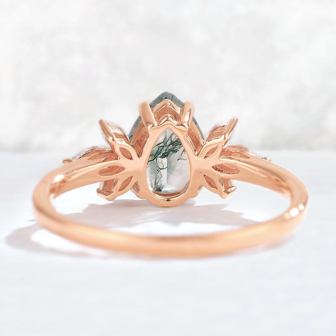 Nature Inspired Pear Cut Moss Agate with Petal Side Gemstone Ring