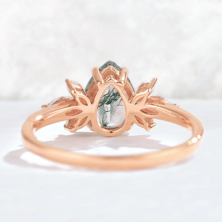 Nature Inspired Pear Cut Moss Agate with Petal Side Gemstone Ring