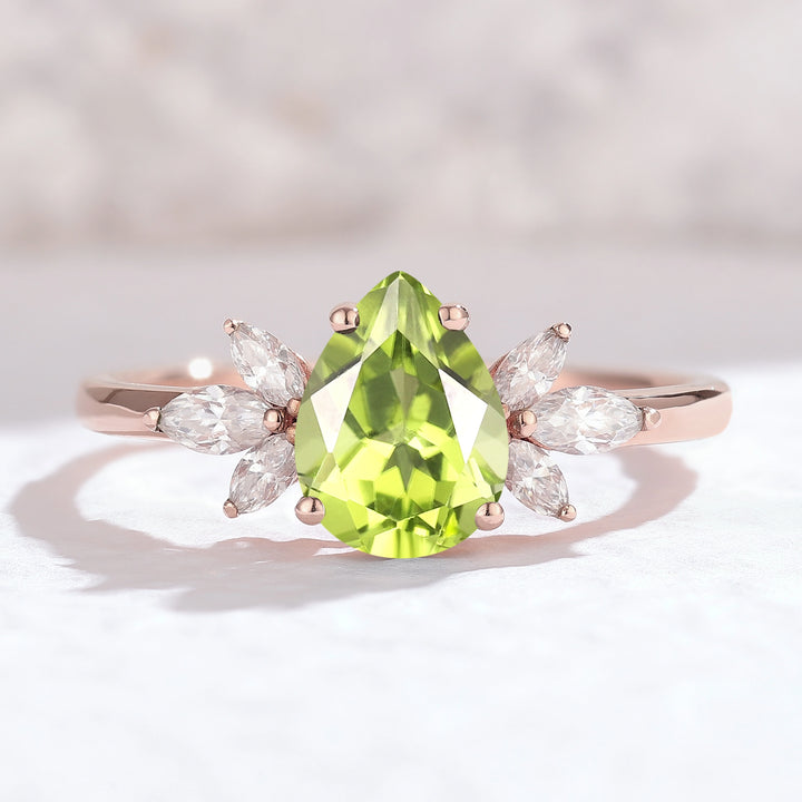 Nature Inspired Pear Cut Peridot with Petal Side Gemstone Ring - Iver Jewelry