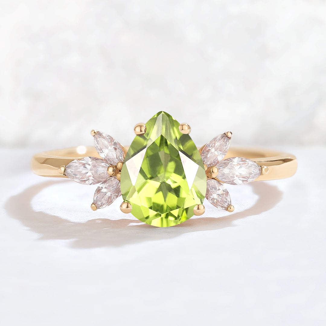 Nature Inspired Pear Cut Peridot with Petal Side Gemstone Ring
