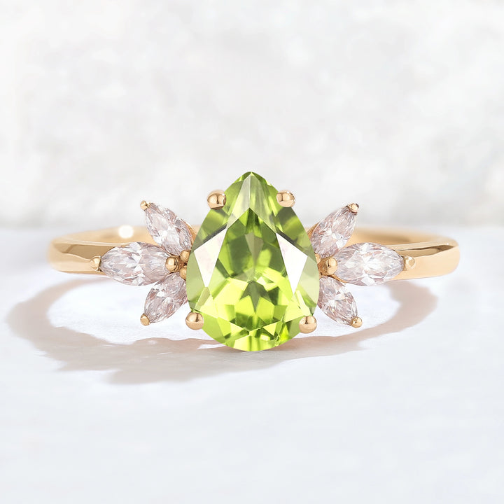 Nature Inspired Pear Cut Peridot with Petal Side Gemstone Ring