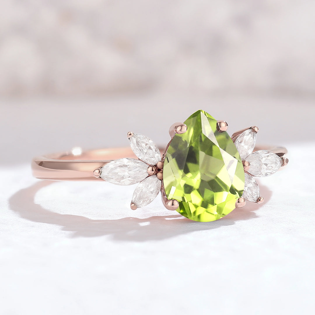 Nature Inspired Pear Cut Peridot with Petal Side Gemstone Ring - Iver Jewelry