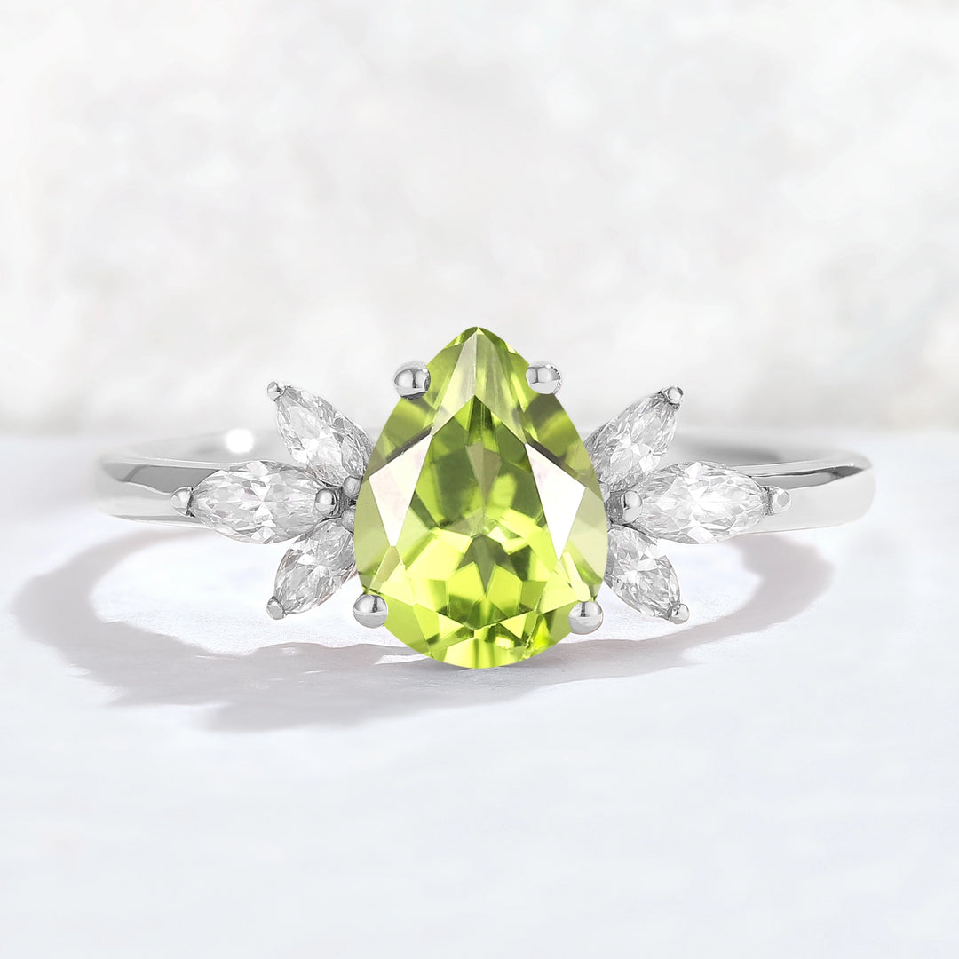 Nature Inspired Pear Cut Peridot with Petal Side Gemstone Ring