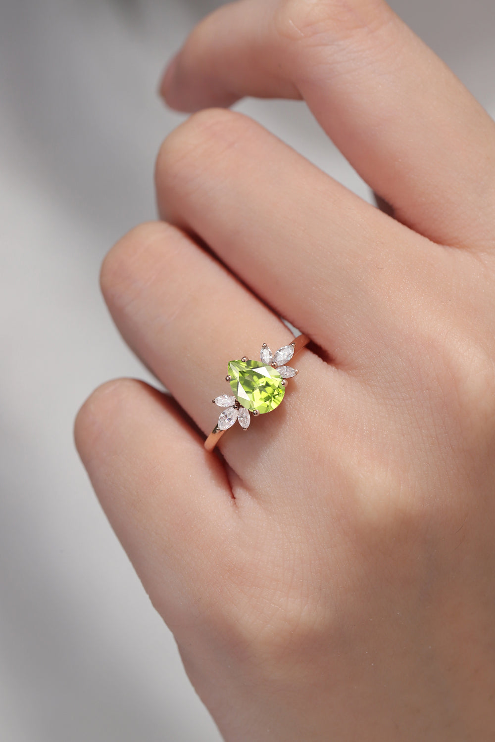 Nature Inspired Pear Cut Peridot with Petal Side Gemstone Ring - Iver Jewelry