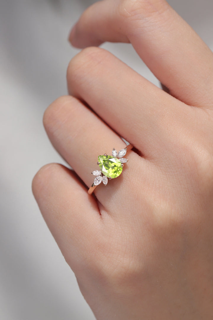 Nature Inspired Pear Cut Peridot with Petal Side Gemstone Ring - Iver Jewelry