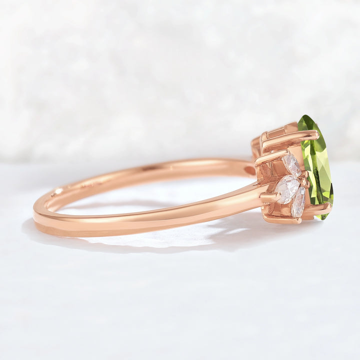 Nature Inspired Pear Cut Peridot with Petal Side Gemstone Ring