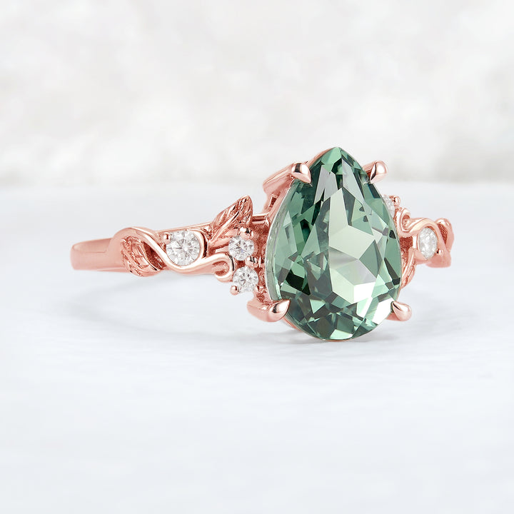 Nature Inspired Pear Cut Sapphire Leaf Gold Engagement Ring
