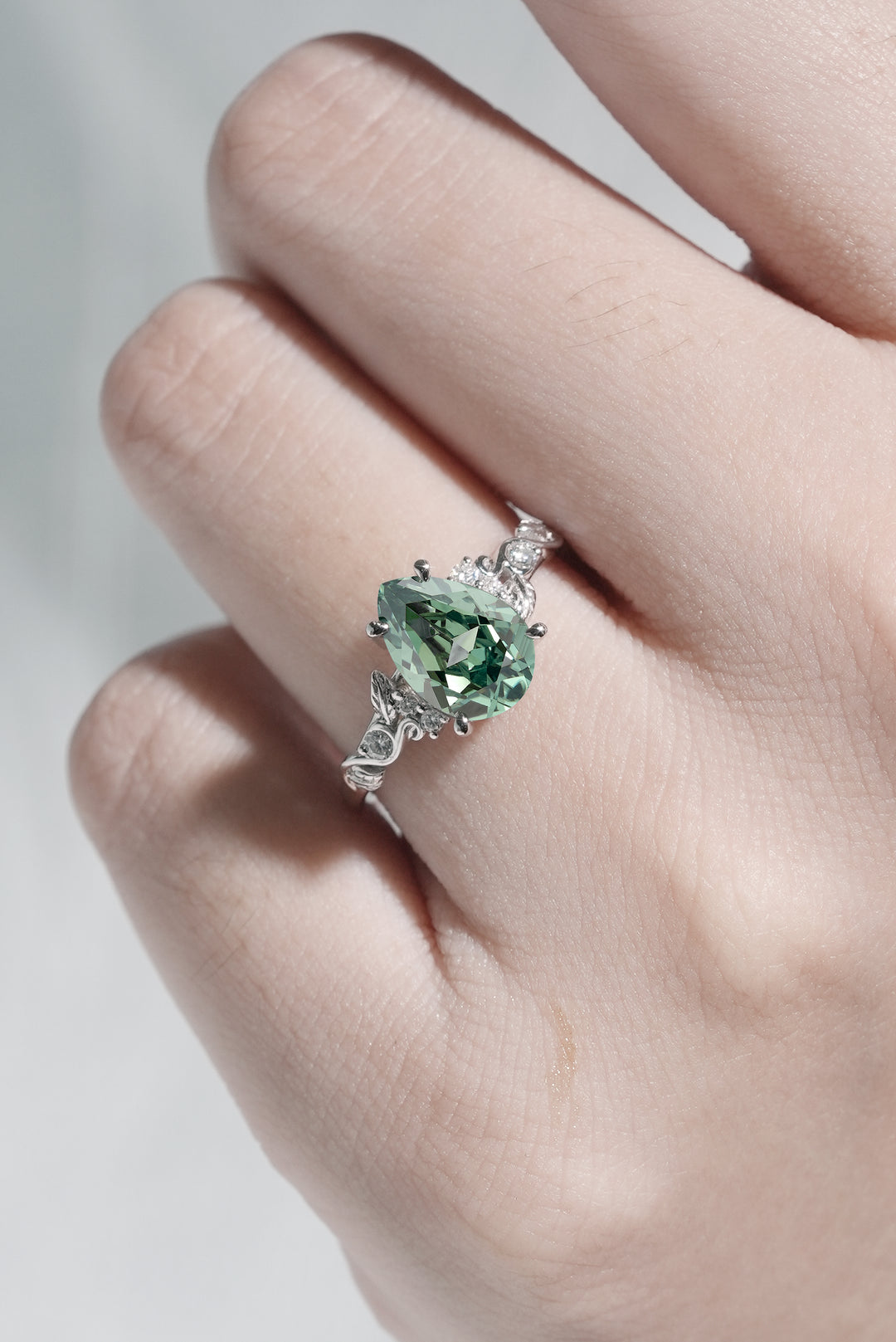 Nature Inspired Pear Cut Sapphire and Moissanite Silver Gemstone Ring