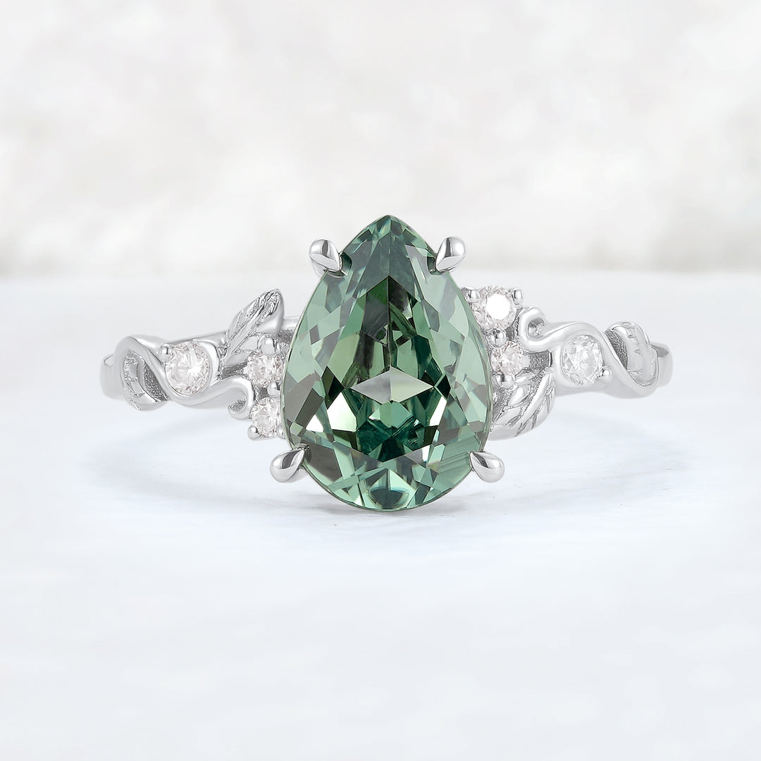 Nature Inspired Pear Cut Sapphire and Moissanite Silver Gemstone Ring