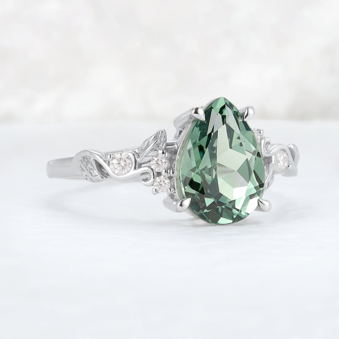 Nature Inspired Pear Cut Sapphire and Moissanite Silver Gemstone Ring