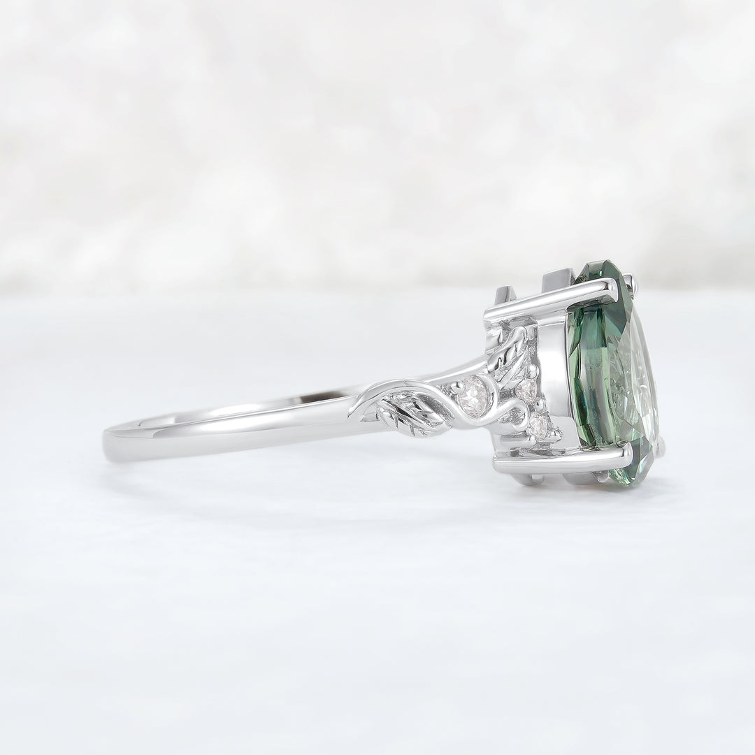 Nature Inspired Pear Cut Sapphire and Moissanite Silver Gemstone Ring