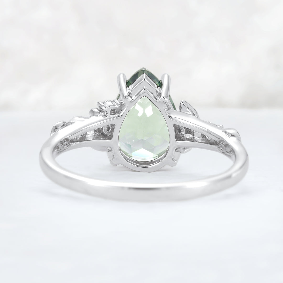Nature Inspired Pear Cut Sapphire and Moissanite Silver Gemstone Ring