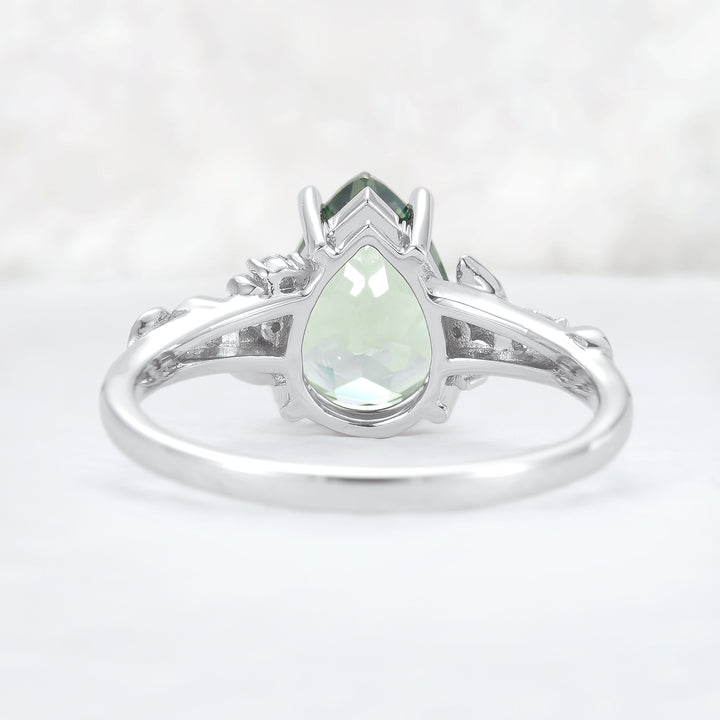 Nature Inspired Pear Cut Sapphire and Moissanite Silver Gemstone Ring