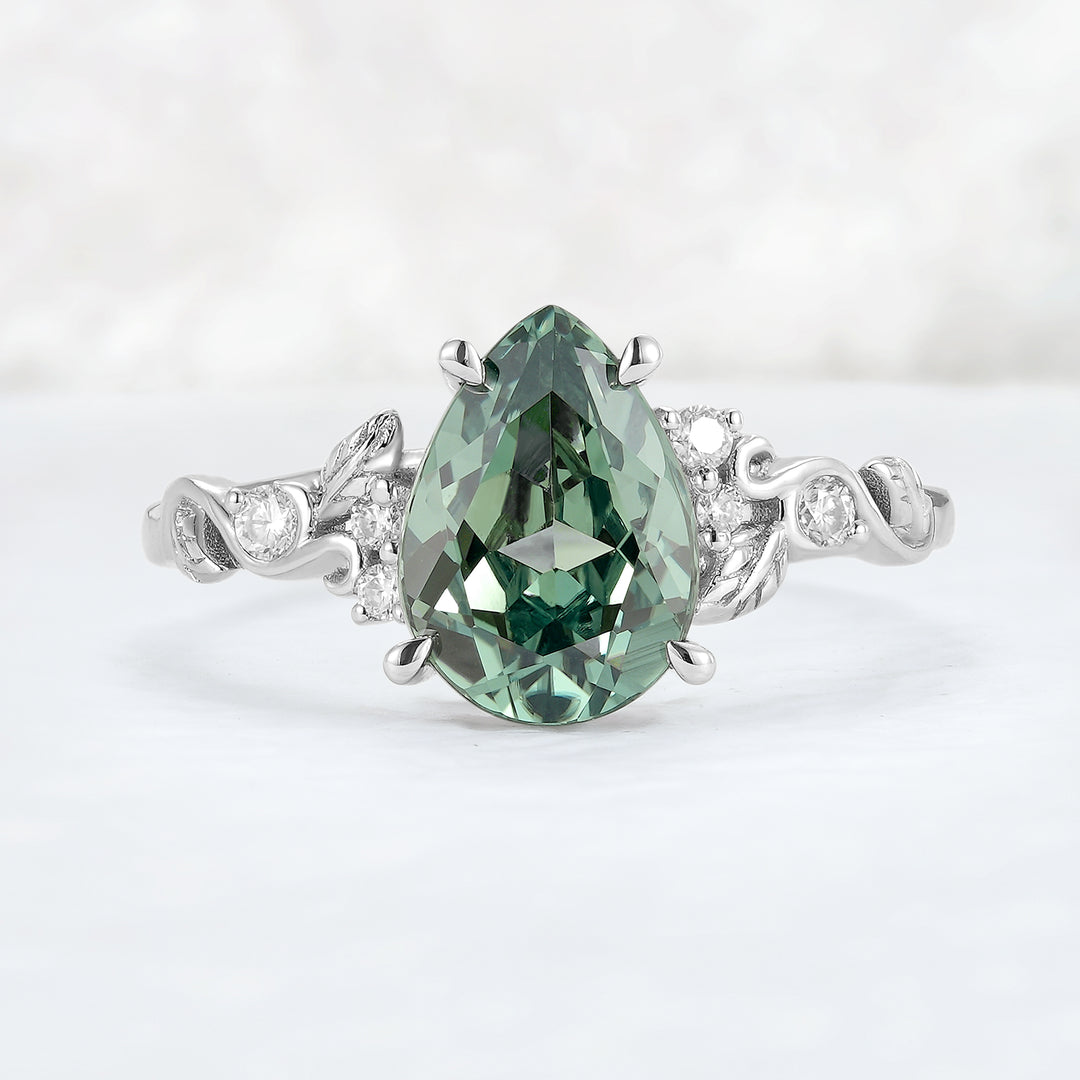 Nature Inspired Pear Cut Sapphire and Moissanite Silver Gemstone Ring