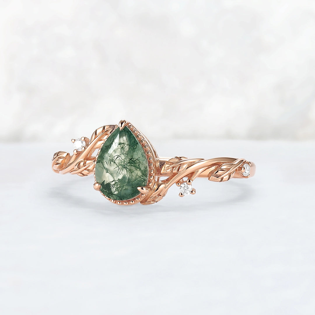Nature Inspired Pear Shaped Moss Agate with Moissanite Leafy Engagement Ring