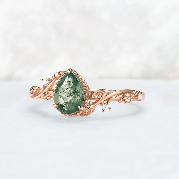 Nature Inspired Pear Shaped Moss Agate with Moissanite Leafy Engagement Ring