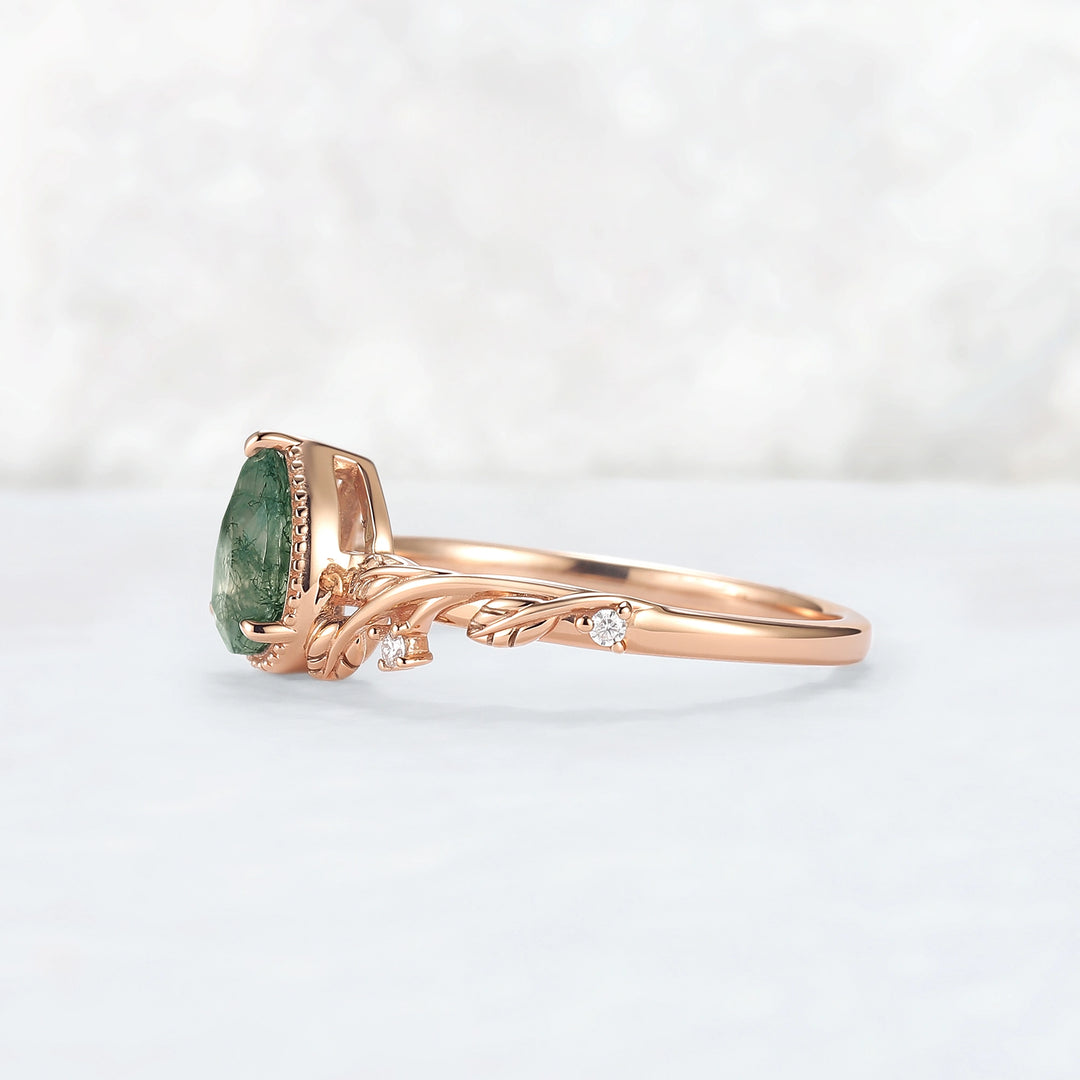 Nature Inspired Pear Shaped Moss Agate with Moissanite Leafy Engagement Ring