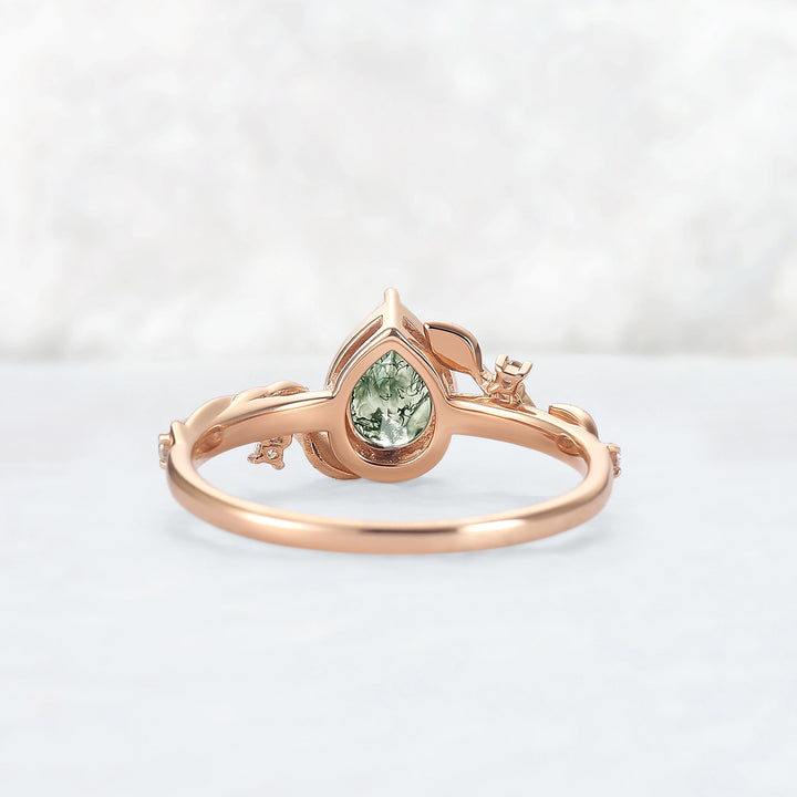 Nature Inspired Pear Shaped Moss Agate with Moissanite Leafy Engagement Ring