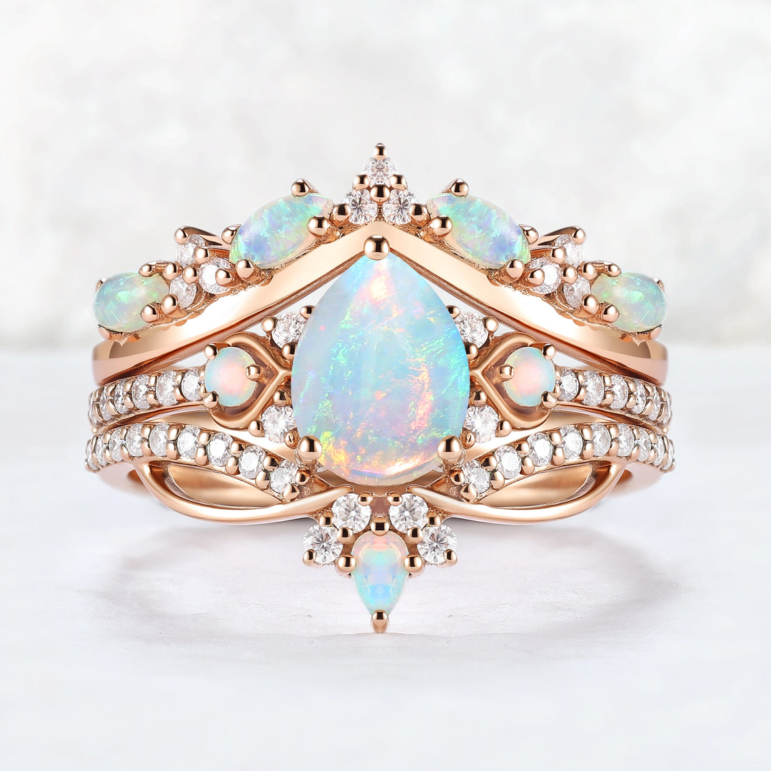 Nature Inspired Pear Shaped Natural Opal Gemstone Ring Set 3pcs