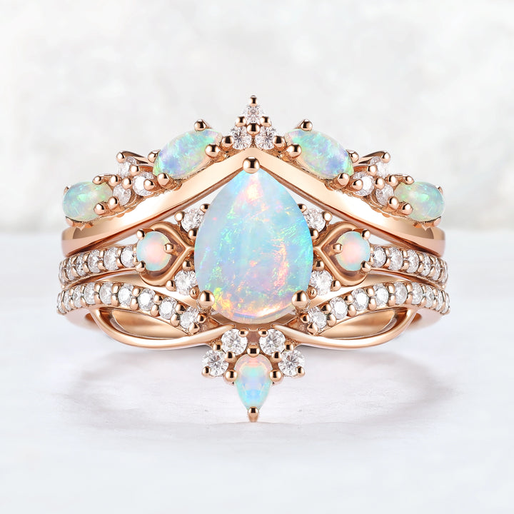 Nature Inspired Pear Shaped Natural Opal Gemstone Ring Set 3pcs