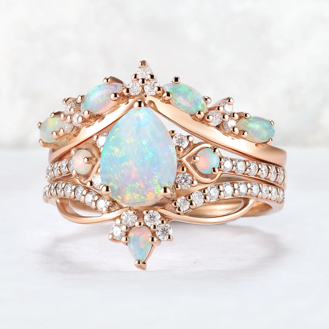 Nature Inspired Pear Shaped Natural Opal Gemstone Ring Set 3pcs
