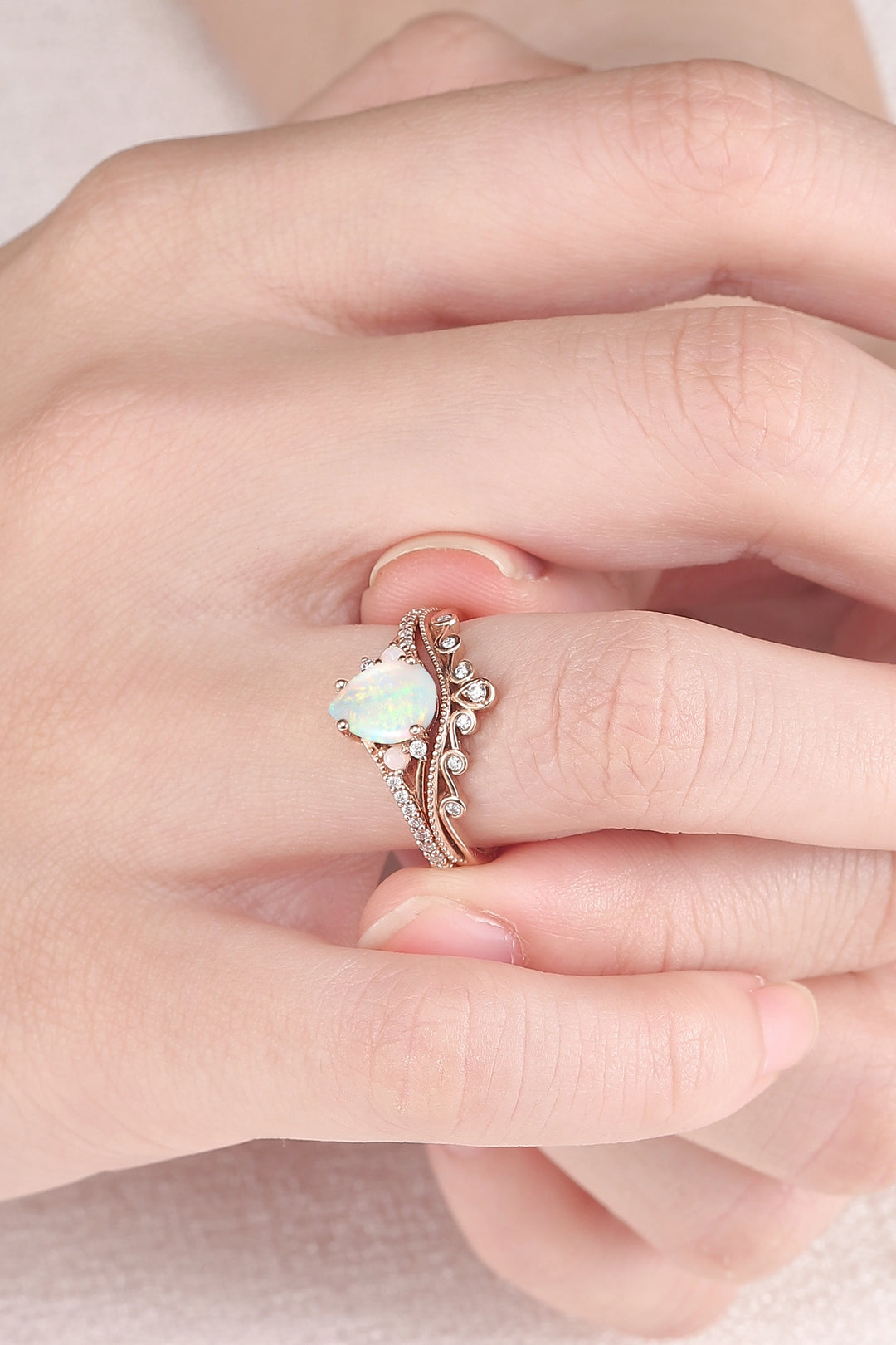 Nature Inspired Pear Shaped Opal Gemstone Ring Set
