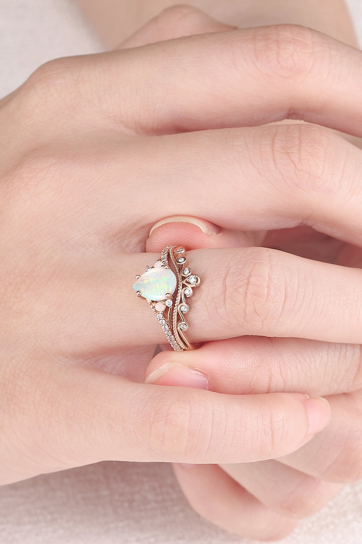 Nature Inspired Pear Shaped Opal Gemstone Ring Set