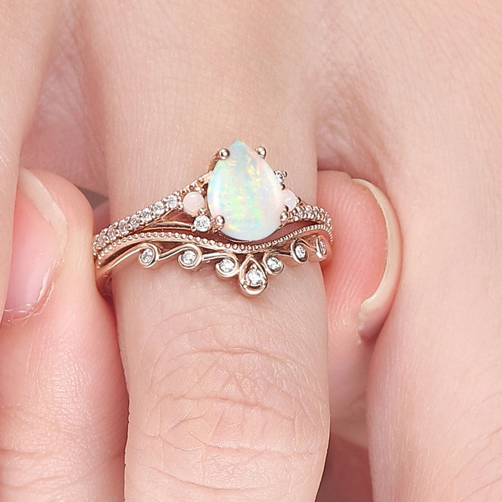 Nature Inspired Pear Shaped Opal Gemstone Ring Set