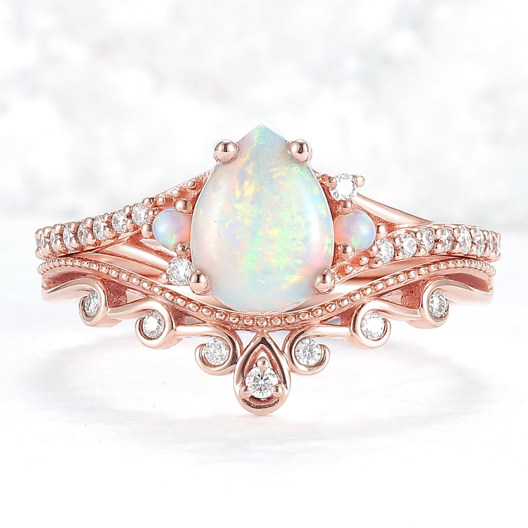 Nature Inspired Pear Shaped Opal Gemstone Ring Set